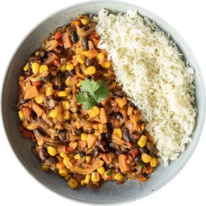 Chili vegetariano com arroz e muitos legumes